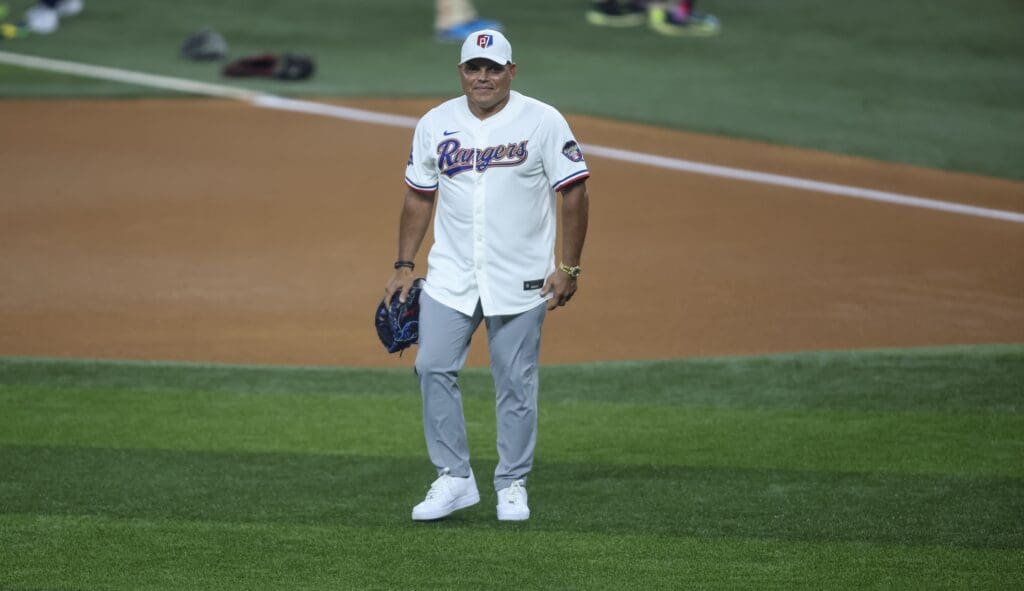 Jul 16, 2024; Arlington, Texas, USA; Pudge Rodriguez, Puerto Rican former Major League Baseball catcher, during the 2024 MLB All-Star game at Globe Life Field. Mandatory Credit: Tim Heitman-USA TODAY Sports