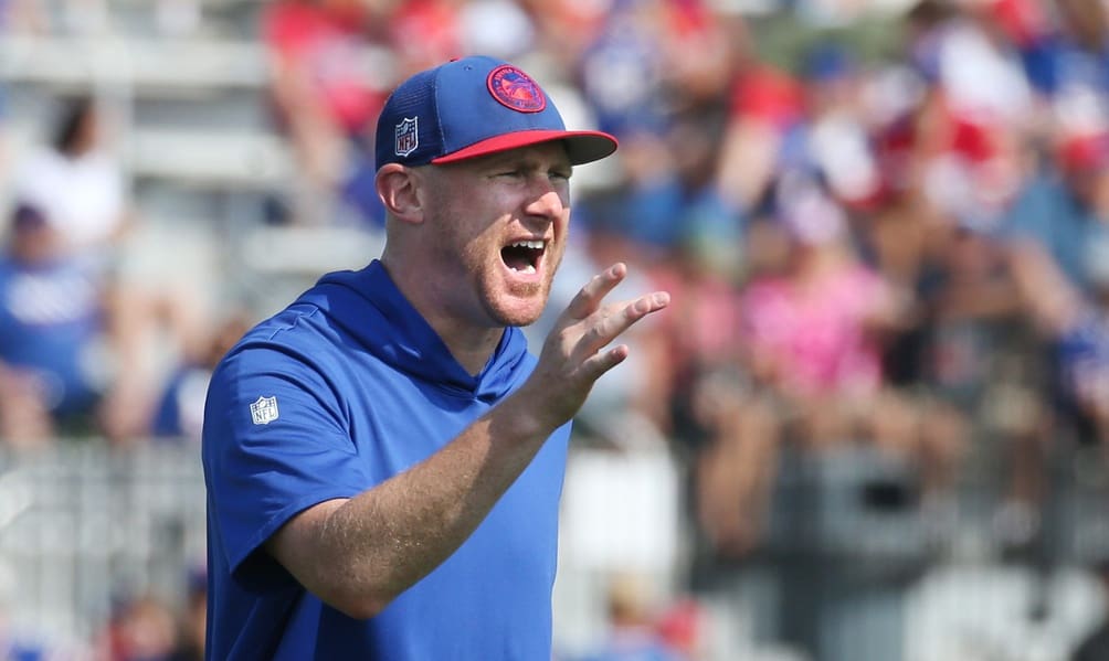 Bills offensive coordinator Joe Brady calls out during drills on the opening day of Buffalo Bills training camp at St. John Fisher University in Pittsford Wednesday, July 24, 2024.