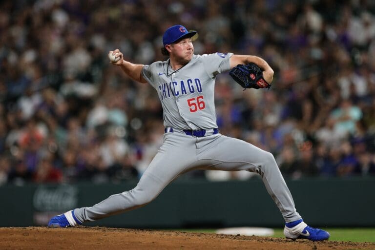 Sep 13, 2024; Denver, Colorado, USA; Chicago Cubs relief pitcher Nate Pearson (56) pitches in the eighth inning against the Colorado Rockies at Coors Field. Mandatory Credit: Isaiah J. Downing-Imagn Images
