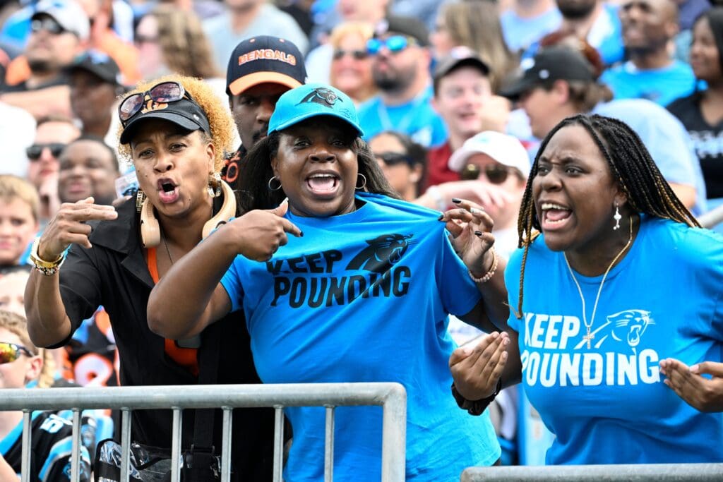 Sep 29, 2024; Charlotte, North Carolina, USA; Carolina Panthers fans in the third quarter at Bank of America Stadium. Mandatory Credit: Bob Donnan-Imagn Images
