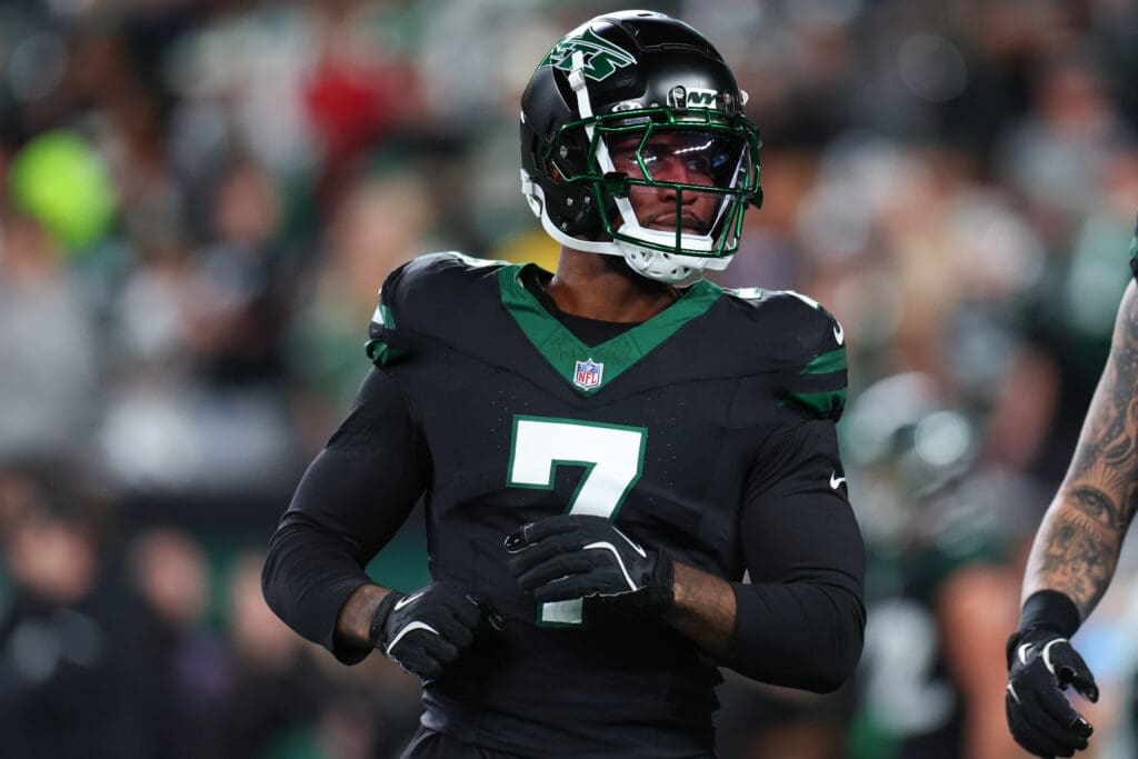 Oct 31, 2024; East Rutherford, New Jersey, USA; New York Jets defensive end Haason Reddick (7) looks on during pregame warmups for their game against the Houston Texans at MetLife Stadium. Mandatory Credit: Ed Mulholland-Imagn Images