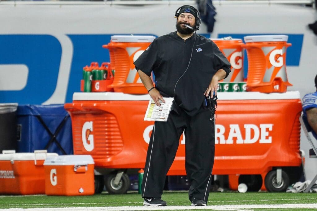 Detroit Lions head coach Matt Patricia looks at the replay on scoreboard during the second half of the Lions-Jets game at Ford Field in Detroit, Monday, September 10, 2018.