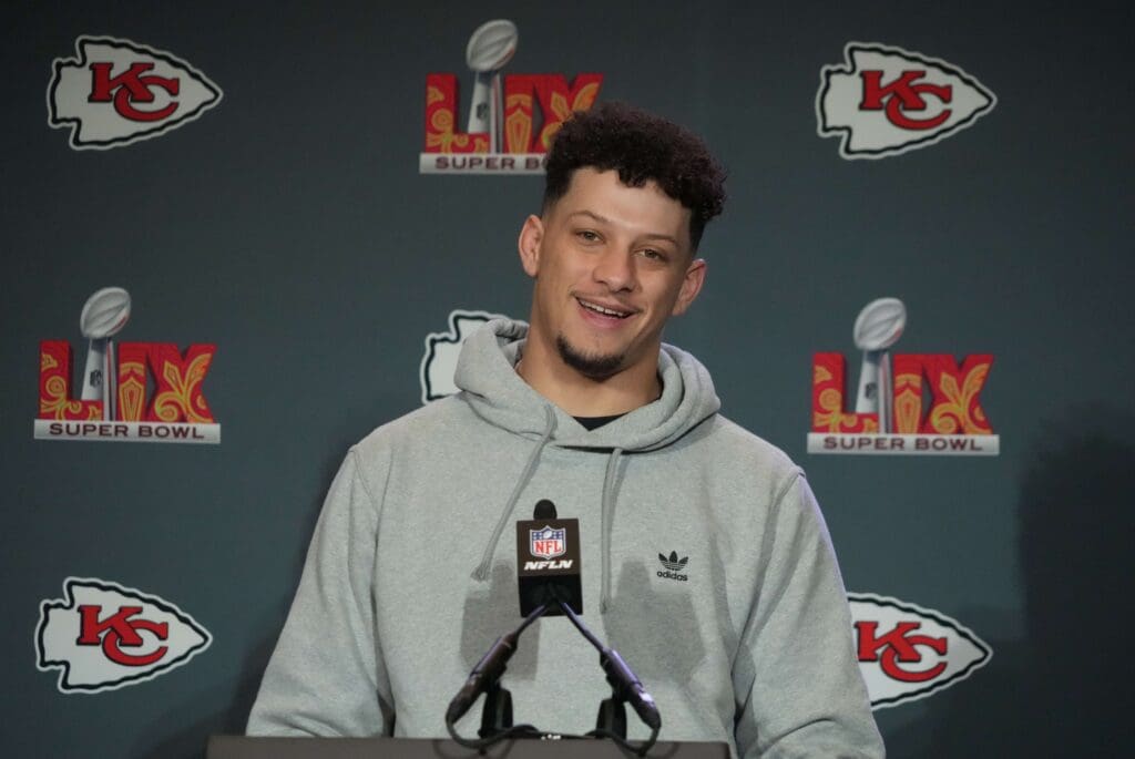 Feb 5, 2025; New Orleans, LA, USA; Kansas City Chiefs quarterback Patrick Mahomes (15) speaks in a press conference ahead of Super Bowl LIX at New Orleans Marriott. Mandatory Credit: Kirby Lee-Imagn Images