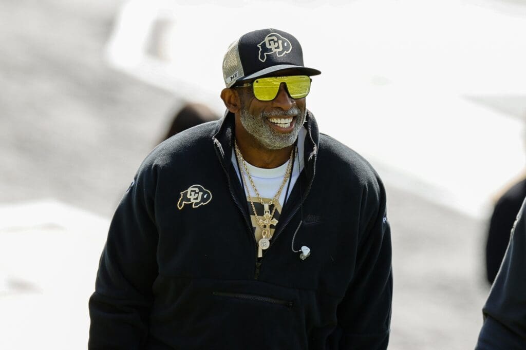 Apr 19, 2025; Boulder, CO, USA; Colorado Buffaloes head coach Deion Sanders during the spring game at Folsom Field. Mandatory Credit: Isaiah J. Downing-Imagn Images