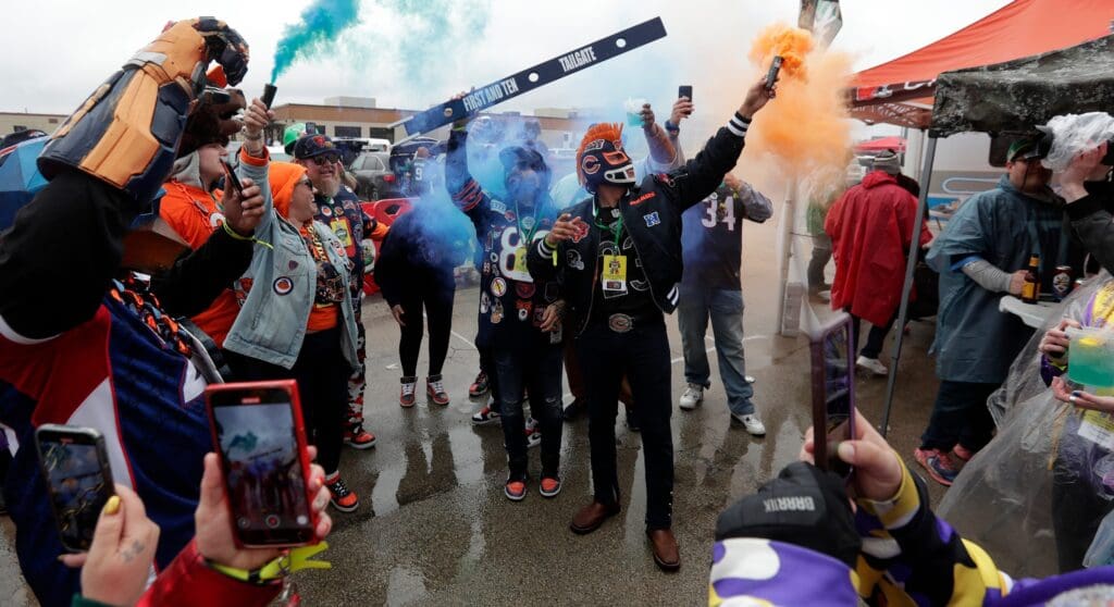 Chicago Bears fans show their pride during the Super Fan Summit Tailgate Party on April 25, 2025, in Ashwaubenon, Wis. The event was held in conjunction with the 2025 NFL Draft being held outside Lambeau Field in Green Bay, Wis.