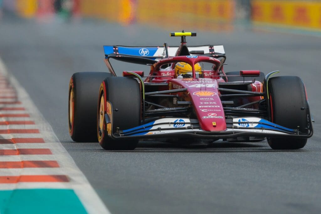 May 3, 2025; Miami Gardens, FL, USA; Ferrari driver Lewis Hamilton (44) during qualifying for the F1 Miami Grand Prix at Miami International Autodrome. Mandatory Credit: Sam Navarro-Imagn Images