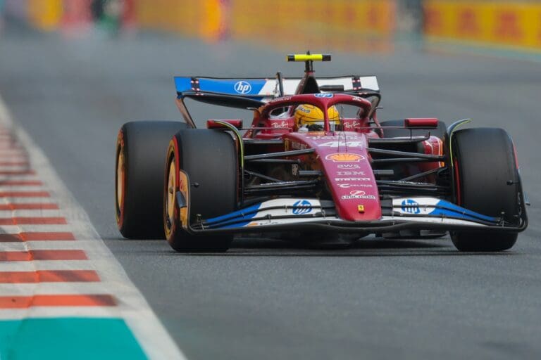 May 3, 2025; Miami Gardens, FL, USA; Ferrari driver Lewis Hamilton (44) during qualifying for the F1 Miami Grand Prix at Miami International Autodrome. Mandatory Credit: Sam Navarro-Imagn Images