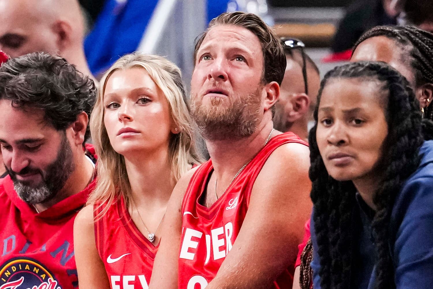 Barstool Sports founder Dave Portnoy looks up at the scoreboard Saturday, May 17, 2025, during a game between the Indiana Fever and the Chicago Sky at Gainbridge Fieldhouse in Indianapolis. The Indiana Fever defeated the Chicago Sky, 93-58.