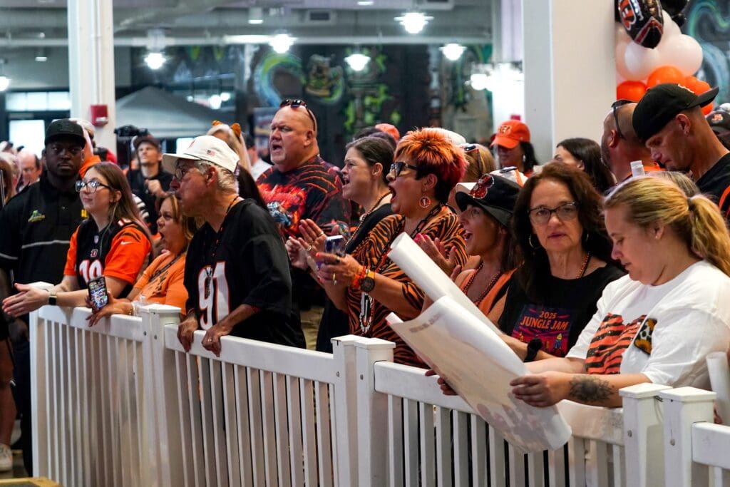 Fans clap and cheer during 2025 Cincinnati Bengals season preview at the Bengals Jungle Jam, Saturday, July 19, 2025, at Newport on the Levee in Newport, Ky.