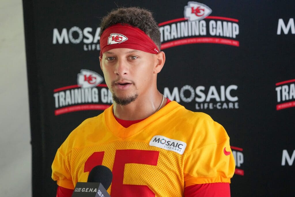 Jul 22, 2025; St. Joseph, MO, USA; Kansas City Chiefs quarterback Patrick Mahomes (15) speaks to media after training camp at Missouri Western State University. Mandatory Credit: Denny Medley-Imagn Images