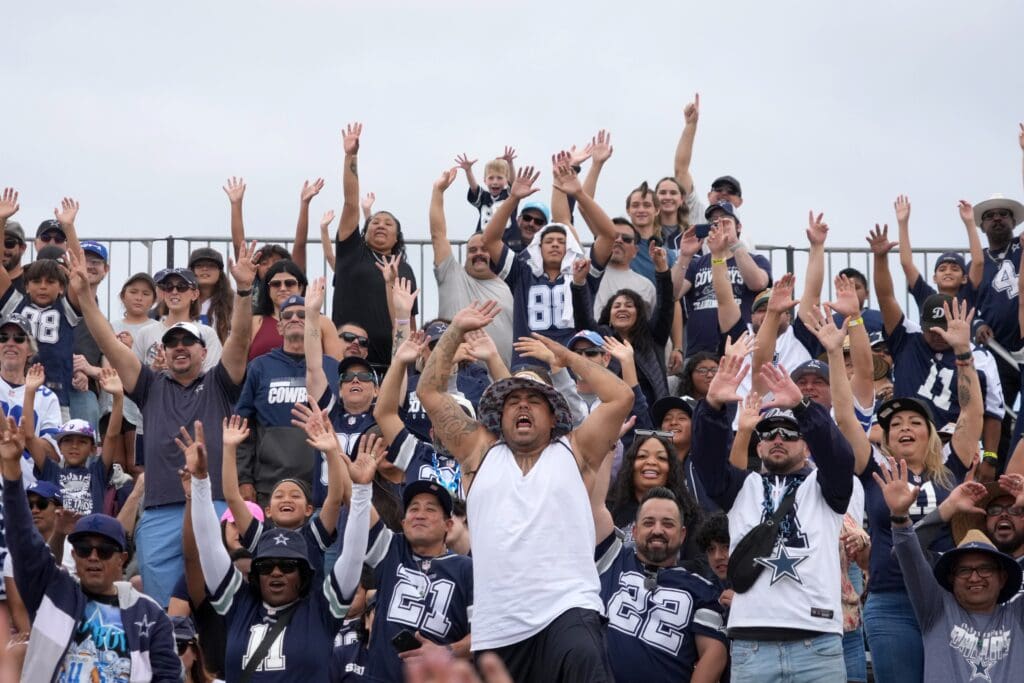 Jul 26, 2025; Oxnard, CA, USA; Dallas Cowboys fans react at training camp at the River Ridge Fields. Mandatory Credit: Kirby Lee-Imagn Images