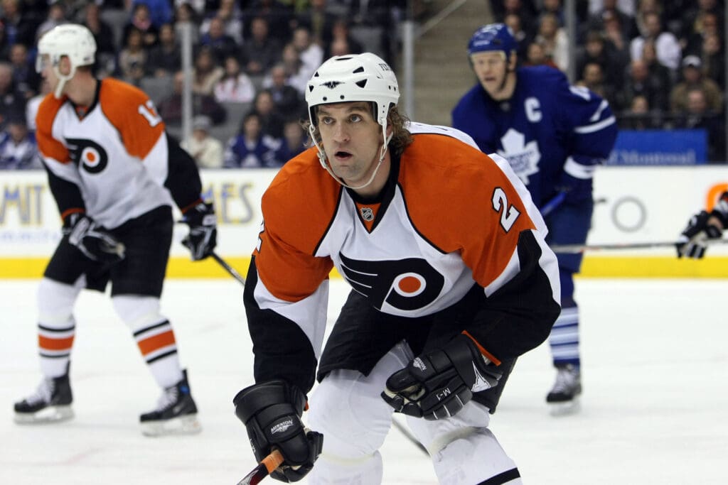 Mar 11, 2008; Toronto, ON, Canada; Philadelphia Flyers defenseman (2) Derian Hatcher in action against the Toronto Maple Leafs at the Air Canada Centre in Toronto, ON. The Maple Leafs beat the Flyers 4-3 in overtime. Mandatory Credit: Tom Szczerbowski-USA TODAY Sports