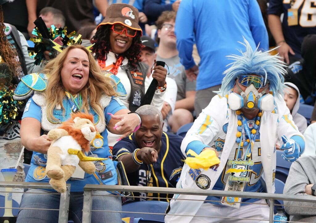 Los Angeles Chargers fans cheer on their team against the Detroit Lions at the Pro Football Hall of Fame game at Tom Benson Hall of Fame Stadium. Thursday, July 31, 2025.