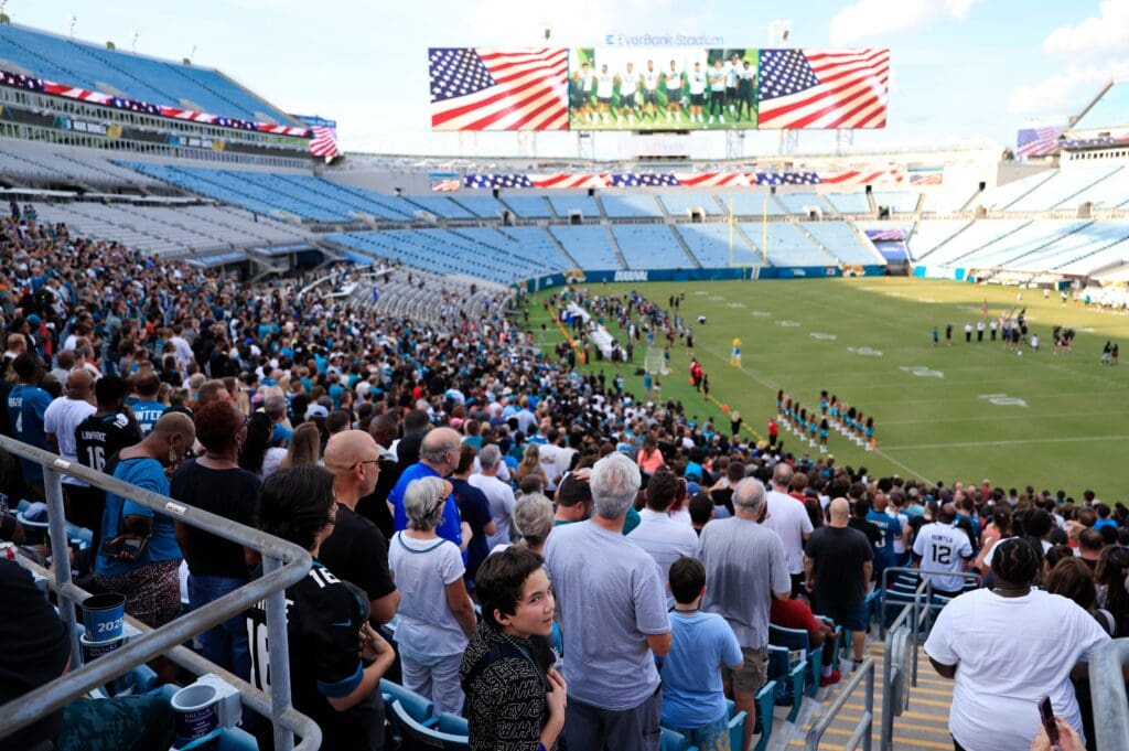 Jacksonville Jaguars fans stand during the national anthem during an NFL scrimmage event at EverBank Stadium, Friday, Aug. 1, 2025, in Jacksonville, Fla. [Corey Perrine/Florida Times-Union]
