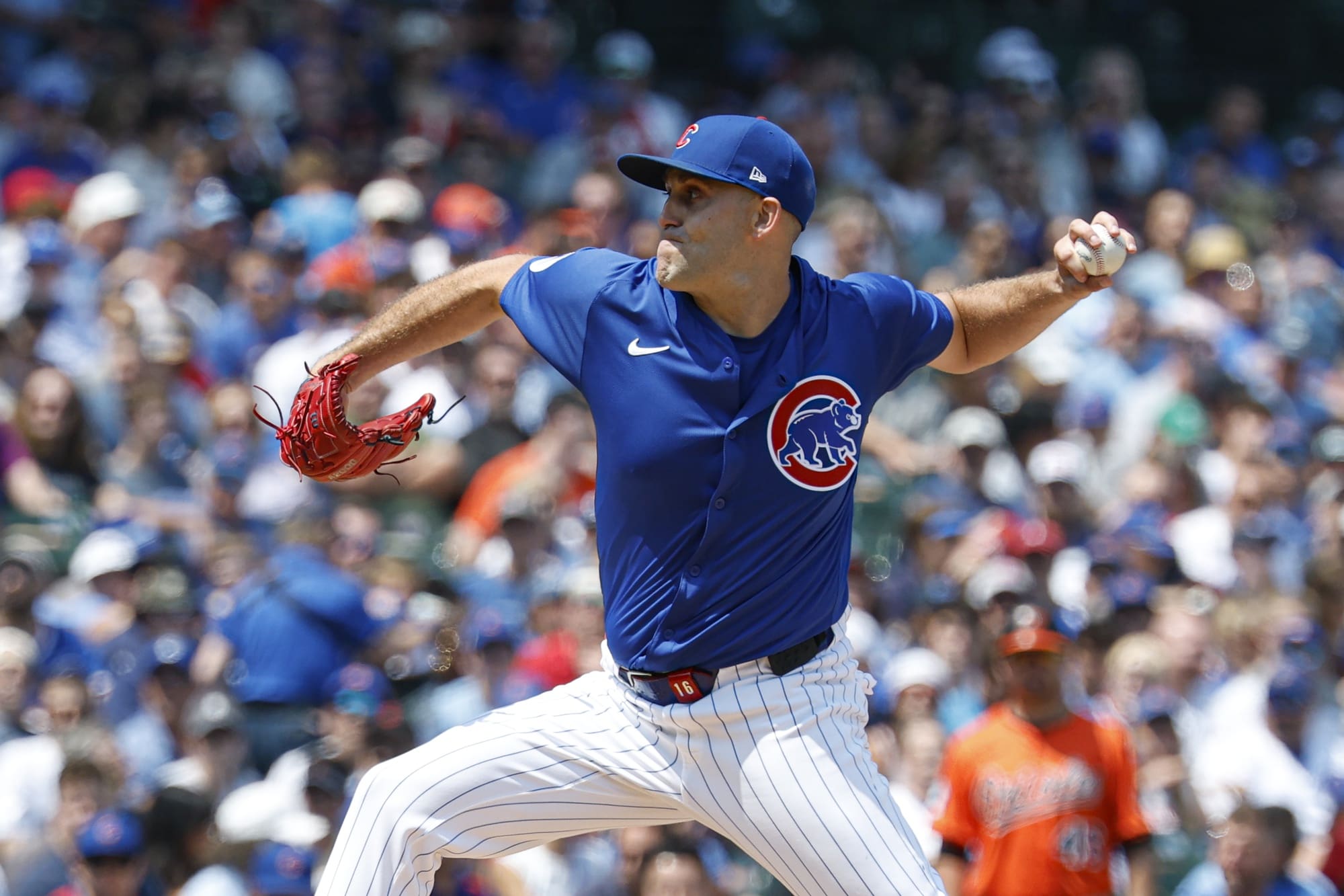 Aug 2, 2025; Chicago, Illinois, USA; Chicago Cubs starting pitcher Matthew Boyd (16) wearing number 23 in honor the late Hall of Fame second baseman Ryne Sandberg delivers a pitch against the Baltimore Orioles during the first inning at Wrigley Field. Mandatory Credit: Kamil Krzaczynski-Imagn Images