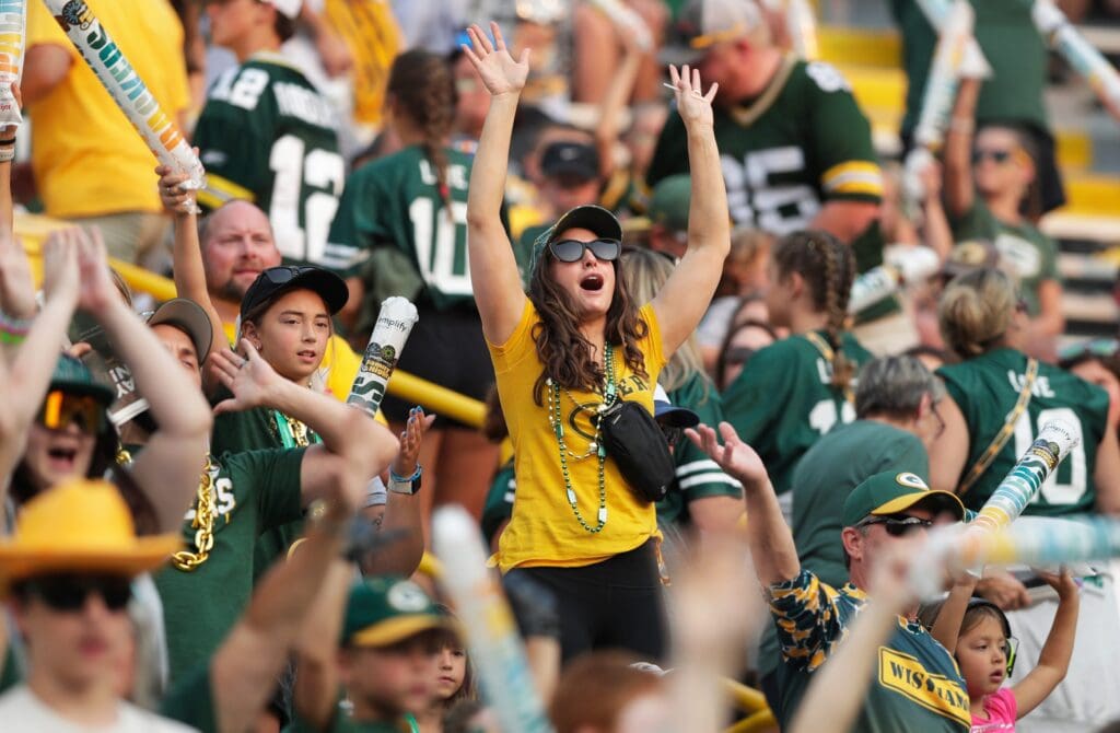 Fans cheer during Green Bay Packers Family Night on Aug. 2, 2025, at Lambeau Field in Green Bay, Wis.