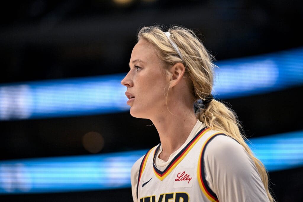 Aug 1, 2025; Dallas, Texas, USA; Indiana Fever guard Sophie Cunningham (8) in action during the game between the Dallas Wings and the Indiana Fever at the American Airlines Center. Mandatory Credit: Jerome Miron-Imagn Images