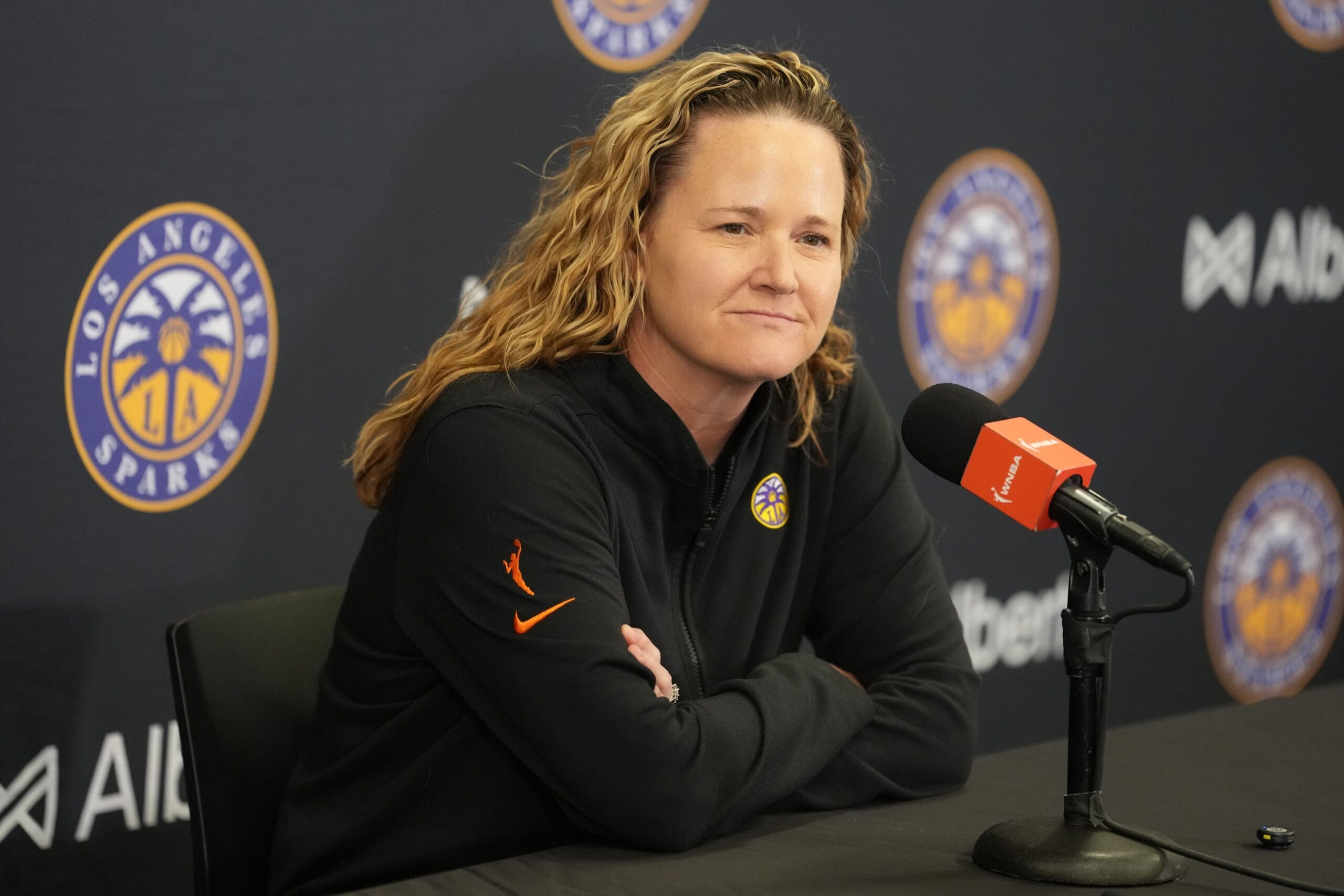 Aug 5, 2025; Los Angeles, California, USA; LA Sparks coach Lynne Roberts at press conference at the Crypto.com Arena. Mandatory Credit: Kirby Lee-Imagn Images