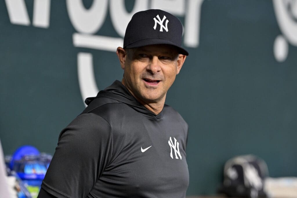 Aug 4, 2025; Arlington, Texas, USA; New York Yankees manager Aaron Boone (17) before the game between the Texas Rangers and the New York Yankees at Globe Life Field. Mandatory Credit: Jerome Miron-Imagn Images