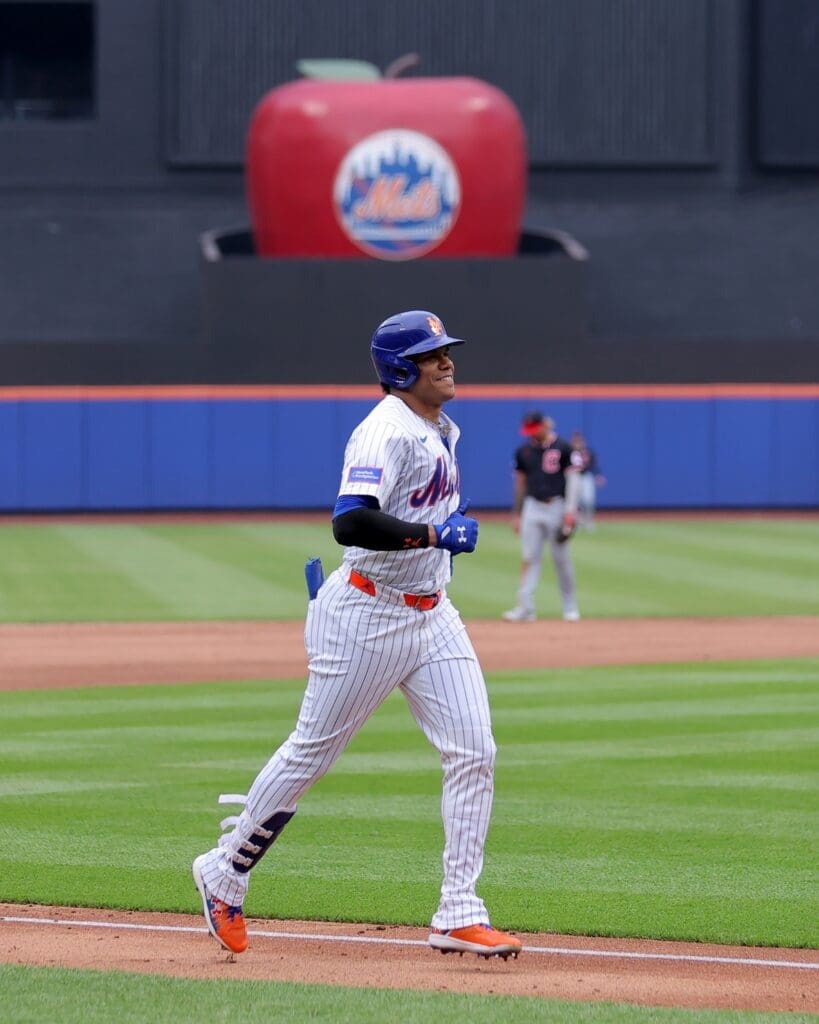 Aug 6, 2025; New York City, New York, USA; New York Mets right fielder Juan Soto (22) rounds the bases after hitting a solo home run against the Cleveland Guardians during the ninth inning at Citi Field. Mandatory Credit: