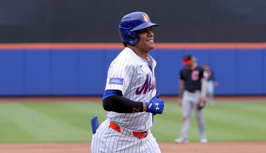 Aug 6, 2025; New York City, New York, USA; New York Mets right fielder Juan Soto (22) rounds the bases after hitting a solo home run against the Cleveland Guardians during the ninth inning at Citi Field. Mandatory Credit: