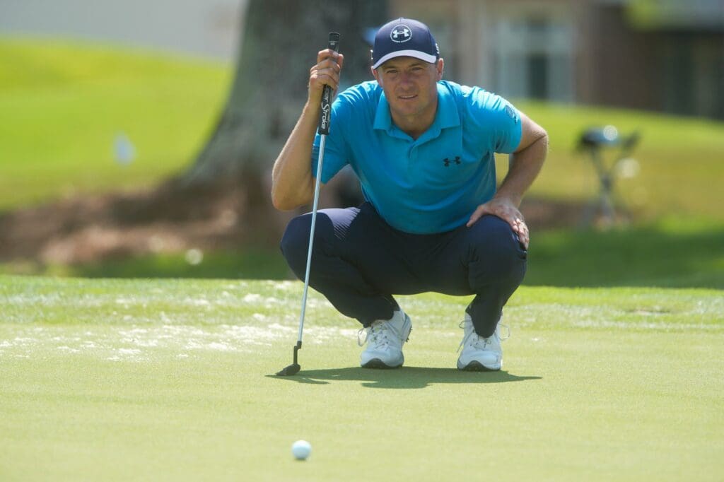 Jordan Spieth lines up his putt on the 16th hole during the first round of the FedEx St. Jude Championship at TPC Southwind in Memphis, Tenn., on August 7, 2025.