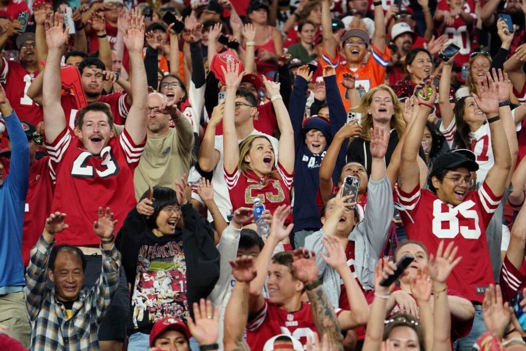Aug 9, 2025; Santa Clara, California, USA; San Francisco 49ers fans do the wave in the fourth quarter against the Denver Broncos at Levi's Stadium. Mandatory Credit: David Gonzales-Imagn Images