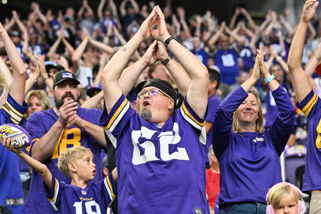 Aug 16, 2025; Minneapolis, Minnesota, USA;  Minnesota Vikings fans react before the game against the New England Patriots at U.S. Bank Stadium. Mandatory Credit: Jeffrey Becker-Imagn Images