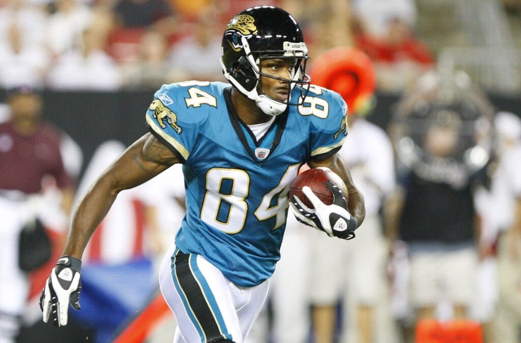 August 23, 2008; Tampa, FL, USA; Jacksonville Jaguars wide receiver Troy Williamson (84) runs with the ball against Tampa Bay Buccaneers during the second quarter at Raymond James Stadium. Mandatory Credit: Kim Klement-USA TODAY Sports