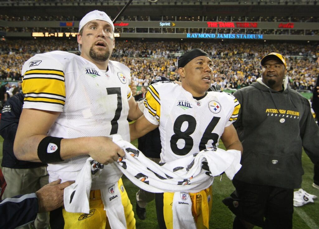 Feb 1, 2009; Tampa, FL, USA; Pittsburgh Steelers quarterback Ben Roethlisberger (7) celebrates winning Super Bowl XLIII with receiver Hines Ward (86) against the Arizona Cardinals at Raymond James Stadium. Mandatory Credit: Matthew Emmons-USA TODAY Sports