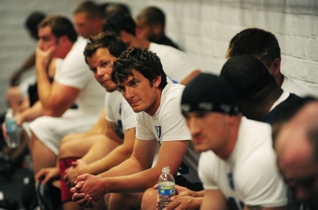 Jun. 13, 2009; Las Vegas, NV, USA; Ken Dorsey (center) sits in the lockerroom prior to the United Football League workout at Sam Boyd Stadium. Mandatory Credit: Mark J. Rebilas-USA TODAY Sports