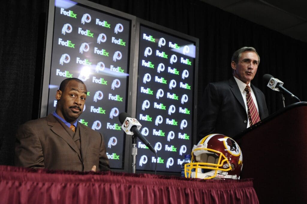 Apr 6, 2010; Ashburn, VA, USA; Washington Redskins head coach Mike Shanahan speaks to announce the trade of Donovan McNabb during a press conference at Redskins Park. Mandatory Credit: Rafael Suanes-USA TODAY Sports