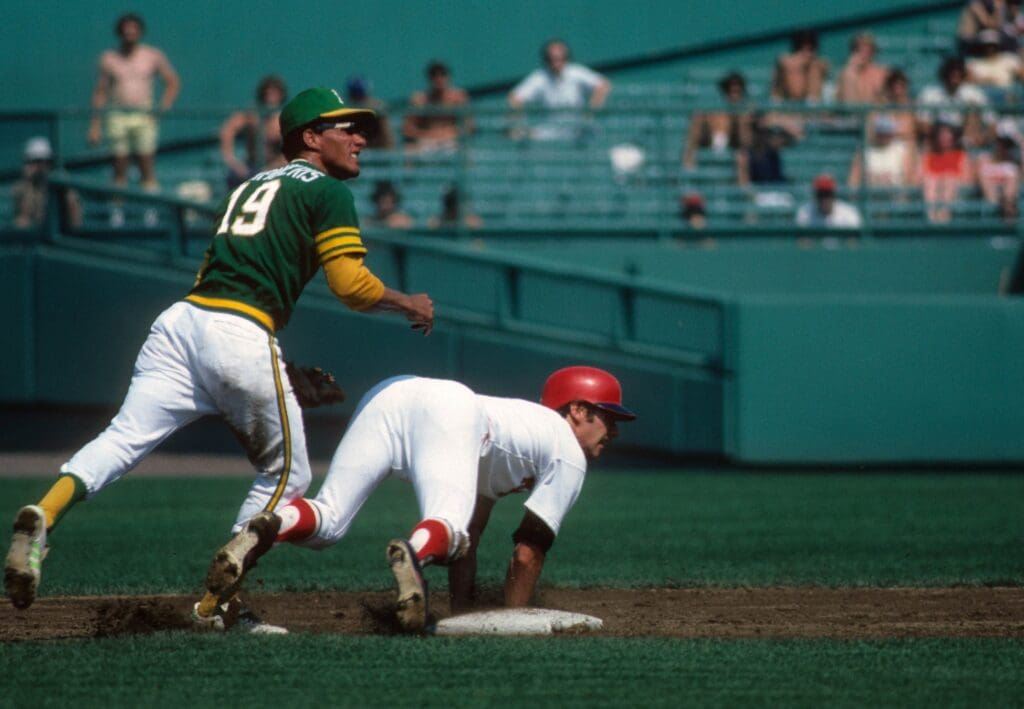 Unknown Date & location, USA; FILE PHOTO; Oakland Athletics shortsstop Bert Campaneris (19) in actiion against the Boston Red Sox at Fenway Park in the 1976 season. Mandatory Credit: Dick Raphael-USA TODAY Sports
