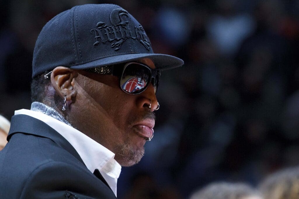 Apr 01, 2011; Auburn Hills, MI, USA; Dennis Rodman before his jersey is retired at half time of an NBA game between the Detroit Pistons and the Chicago Bulls at The Palace. Mandatory Credit: Rick Osentoski-USA TODAY Sports