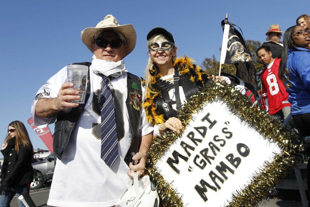Jan 14, 2012; San Francisco, CA, USA; New Orleans Saints fan Richard Zimmer (left) and Diane Zimmer (right) tailgate before the 2011 NFC divisional playoff game against the San Francisco 49ers at Candlestick Park. Mandatory Credit: Cary Edmondson-USA TODAY Sports
