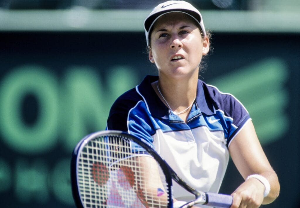 Mar 2000, Miami, FL; FILE PHOTO; Monica Seles prepares to serve the ball at the 2000 Lipton Tennis Championships at Crandon Park. Mandatory Credit: RVR Photos-USA TODAY Sports