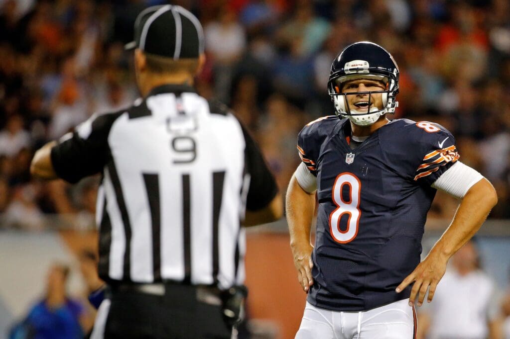 Aug 13, 2015; Chicago, IL, USA; Chicago Bears quarterback Jimmy Clausen (8) reacts after the Chicago Bears were called for a false start during the second quarter in a preseason NFL football game at Soldier Field. Mandatory Credit: Jon Durr-USA TODAY Sports