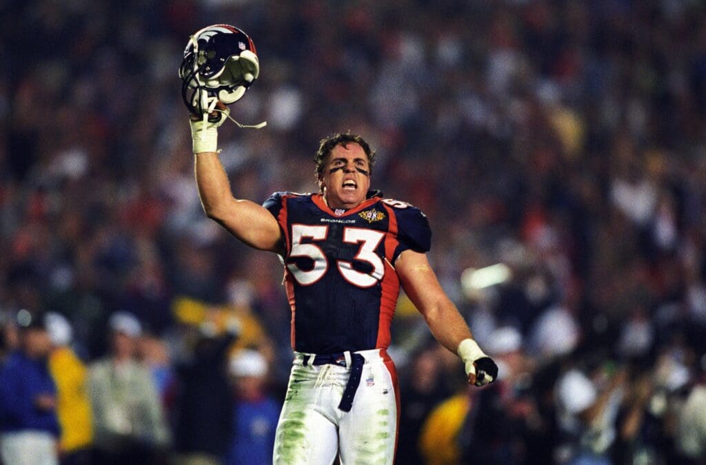 Jan 25, 1998; San Diego, CA, USA; FILE PHOTO; Denver Broncos linebacker Bill Romanowski (53) reacts on the field against the Denver Broncos during Super Bowl XXXII at Qualcomm Stadium. The Broncos defeated the Packers 31-24. Mandatory Credit: RVR Photos-USA TODAY Sports
