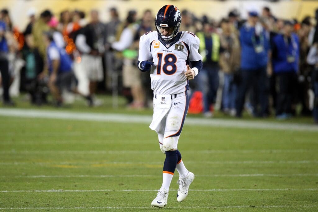 Feb 7, 2016; Santa Clara, CA, USA; Denver Broncos quarterback Peyton Manning (18) runs onto the field during the fourth quarter against the Carolina Panthers in Super Bowl 50 at Levi's Stadium. Mandatory Credit: Cary Edmondson-USA TODAY Sports