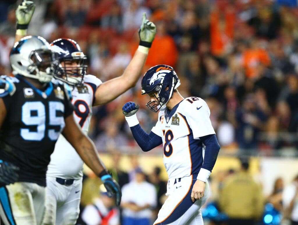 Feb 7, 2016; Santa Clara, CA, USA; Denver Broncos quarterback Peyton Manning (18) celebrates after a two-point conversion against the Carolina Panthers in the fourth quarter in Super Bowl 50 at Levi's Stadium. It was his final pass of the game. Mandatory Credit: Mark J. Rebilas-USA TODAY Sports