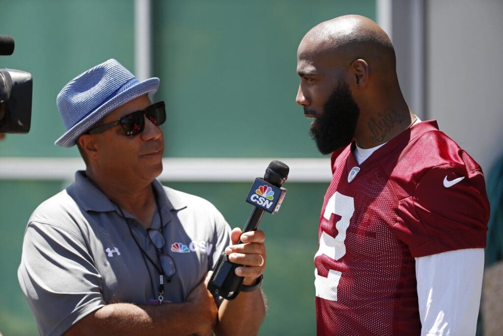 Jun 14, 2016; Ashburn, VA, USA; Washington Redskins strong safety DeAngelo Hall (2) speaks with Chick Hernandez of CSN after day one of minicamp at Redskins Park. Mandatory Credit: Geoff Burke-USA TODAY Sports
