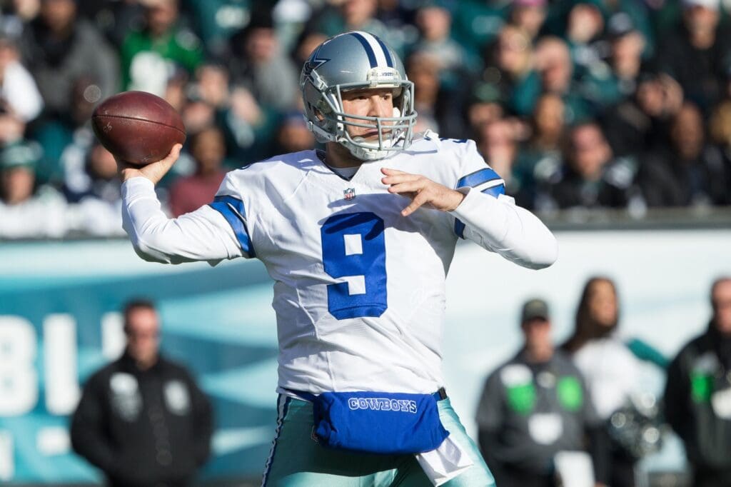 Jan 1, 2017; Philadelphia, PA, USA; Dallas Cowboys quarterback Tony Romo (9) passes the ball against the Philadelphia Eagles during the second quarter at Lincoln Financial Field. Mandatory Credit: Bill Streicher-USA TODAY Sports