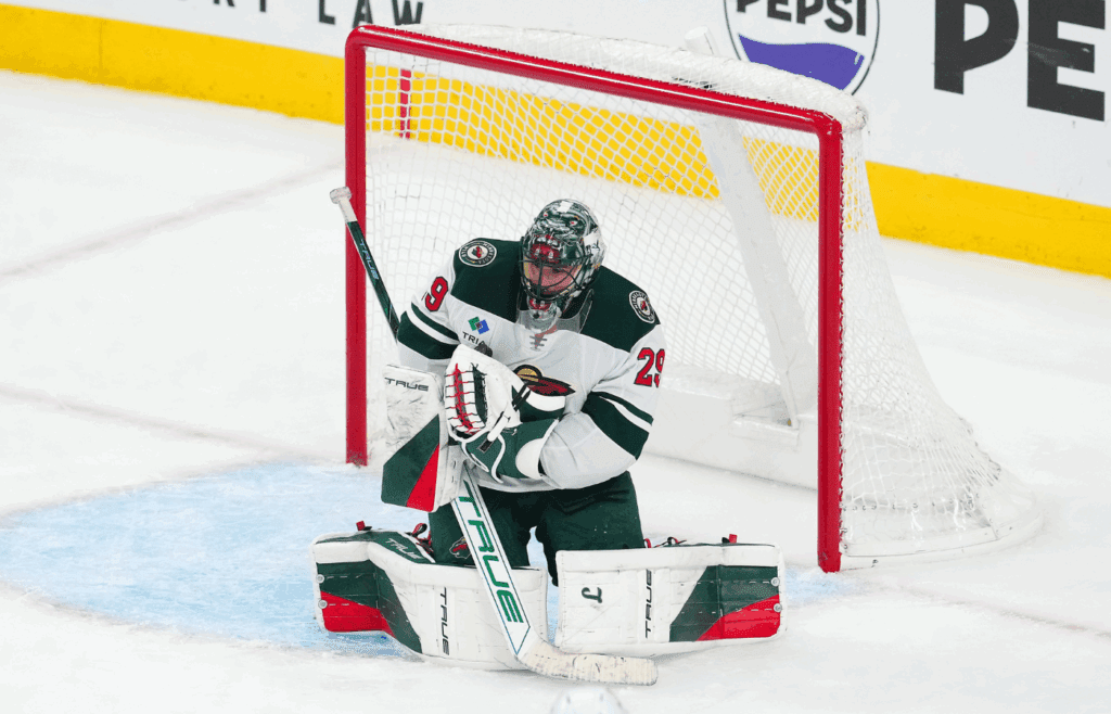 Apr 29, 2025; Las Vegas, Nevada, USA; Minnesota Wild goaltender Marc-Andre Fleury (29) makes a save against the Vegas Golden Knights during the third period of game five of the first round of the 2025 Stanley Cup Playoffs at T-Mobile Arena. Mandatory Credit: Stephen R. Sylvanie-Imagn Images