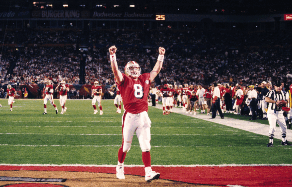 Jan 29, 1995; Miami, FL, USA; FILE PHOTO; San Francisco 49ers quarterback Steve Young (8) reacts on the field against the San Diego Chargers during Super Bowl XXIX at Joe Robbie Stadium. The 49ers defeated the Chargers 49-26. Mandatory Credit: RVR Photos-USA TODAY NETWORK
