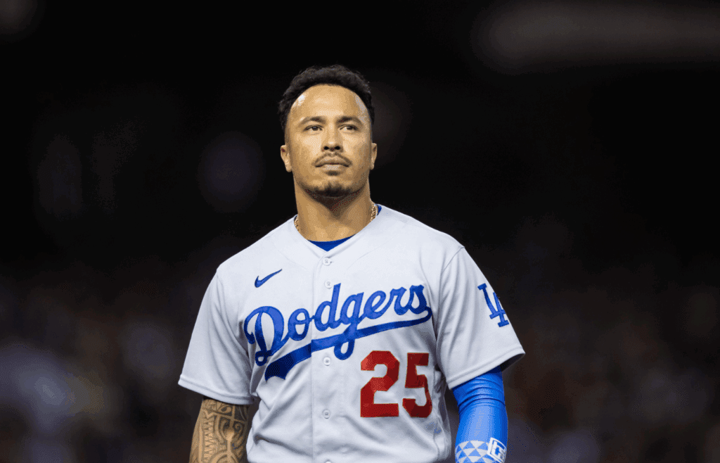 Oct 11, 2023; Phoenix, Arizona, USA; Los Angeles Dodgers second baseman Kolten Wong against the Arizona Diamondbacks during game three of the NLDS for the 2023 MLB playoffs at Chase Field. Mandatory Credit: Mark J. Rebilas-USA TODAY Sports