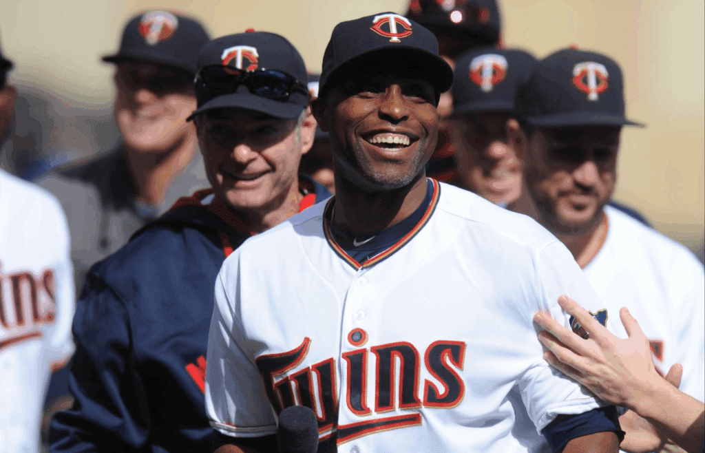 Oct 4, 2015; Minneapolis, MN, USA; Minnesota Twins right fielder Torii Hunter (48) addresses the crowd prior to the game between the Minnesota Twins and the Kansas City Royals at Target Field. Mandatory Credit: Marilyn Indahl-Imagn Images