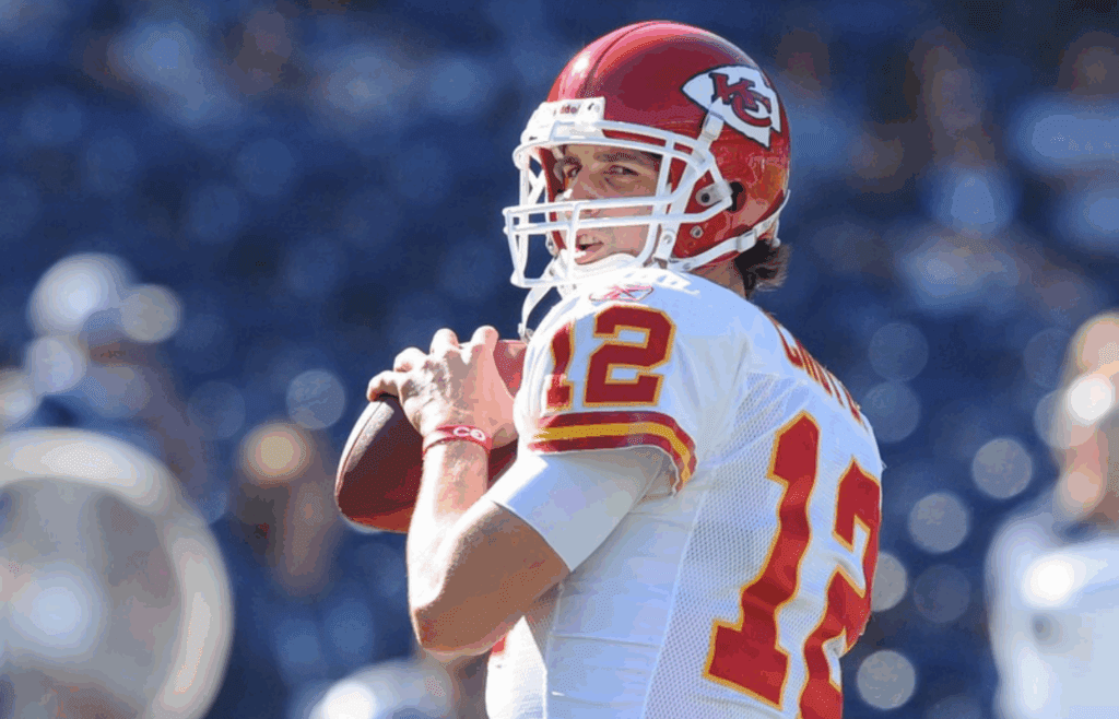 December 12, 2010; San Diego, CA, USA; Kansas City Chiefs quarter back Brodie Croyle (12) prior to the game against the San Diego Chargers at Qualcomm Stadium. Mandatory Credit: Christopher Hanewinckel-Imagn Images