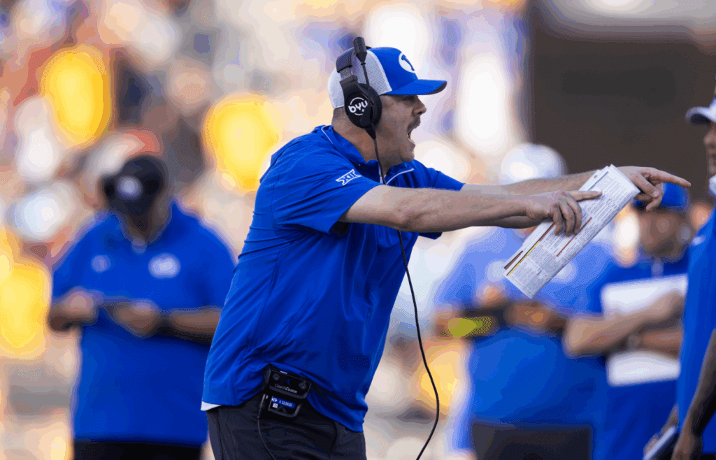 Nov 23, 2024; Tempe, Arizona, USA; Brigham Young Cougars tight ends coach Kevin Gilbride against the Arizona State Sun Devils at Mountain America Stadium. Mandatory Credit: Mark J. Rebilas-Imagn Images