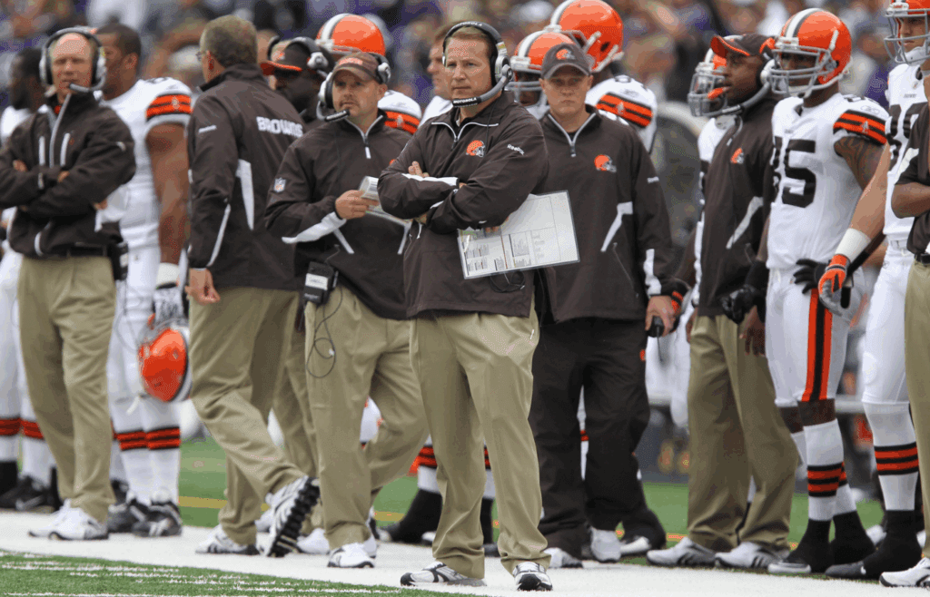 September 26, 2010; Baltimore, MD, USA; Cleveland Browns head coach Eric Mangini during the game against the Baltimore Ravens at M&T Bank Stadium. Ravens beat the Browns 24-14. Mandatory Credit: Mitch Stringer-Imagn Images