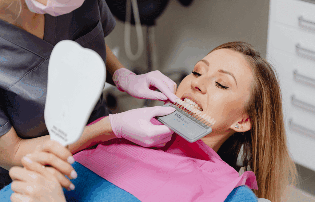 Dentist comparing teeth shades for whitening